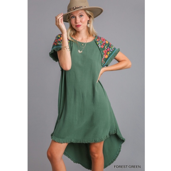 Umgee Forest Green High Low Dress with Embroidered Sleeves - Picture 1 of 4